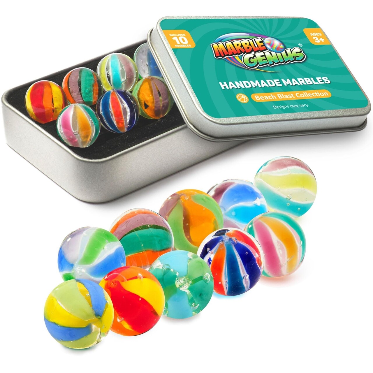 Marble Genius Collectors Marbles, Beach, 16mm (⅝ Inch), 10 Handmade Glass Marbles, Gifts for Marble Lovers, Gifts for Kids Ages 3-14